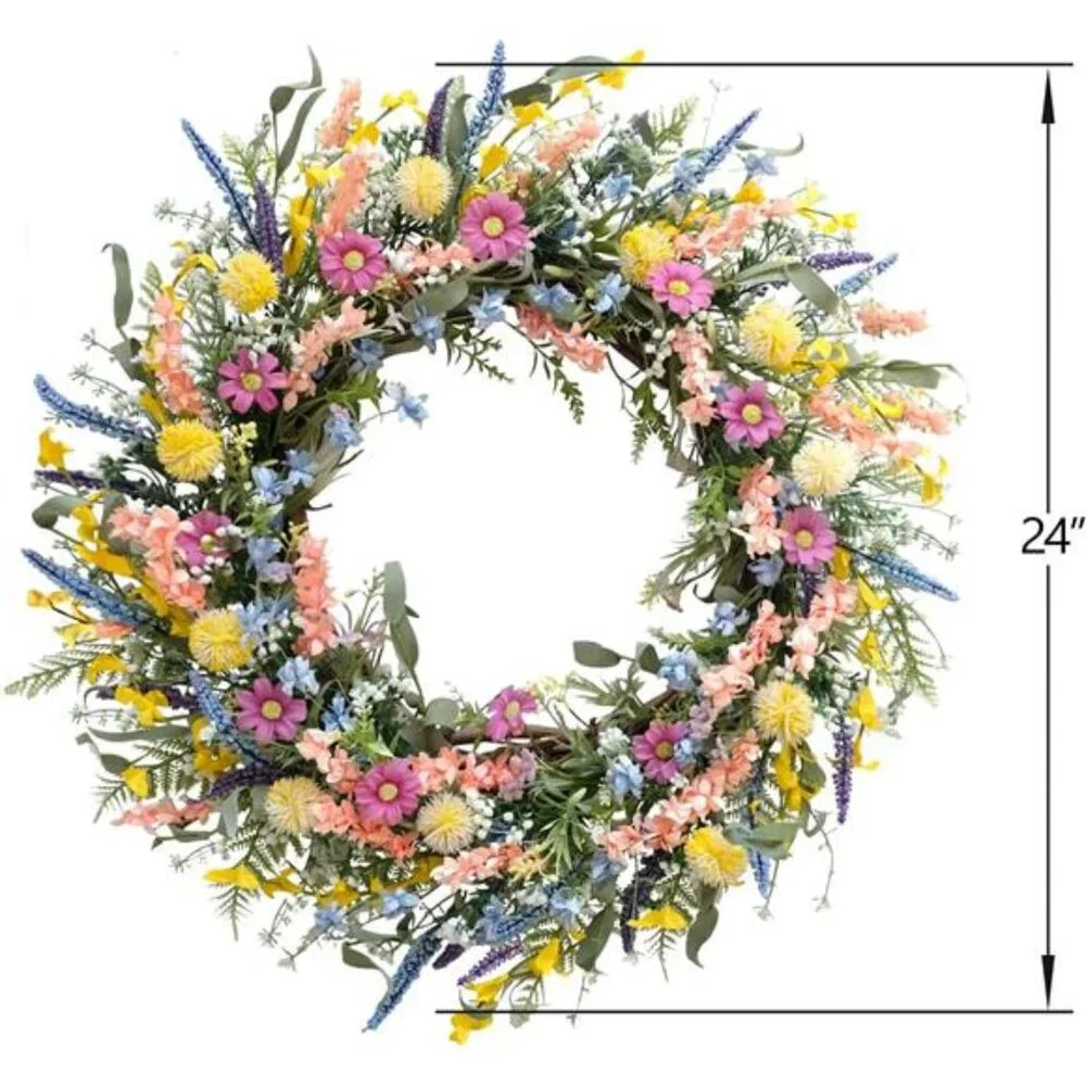 24 Inch Spring‎ Summer Colorful Flower Wreath for Front Door, Forsythia Lavender
